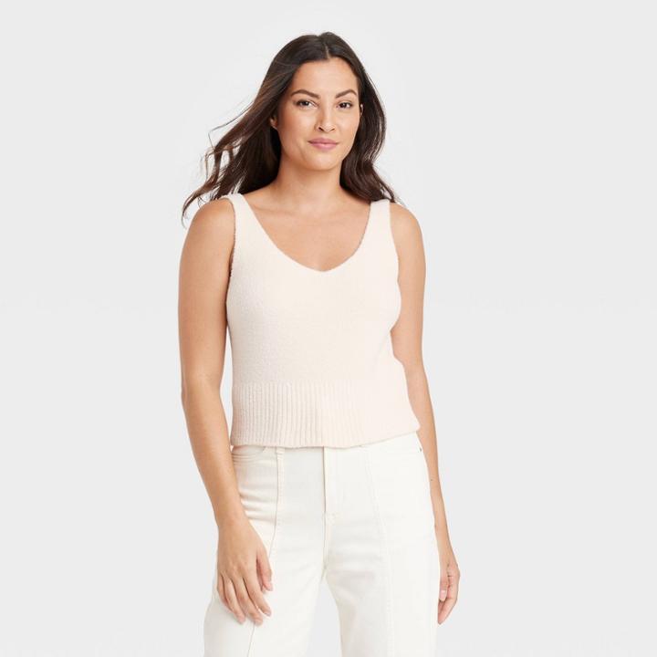 Women's V-neck Fuzzy Sweater Tank - A New Day Cream