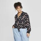 Women's Plus Size Floral Print Long Sleeve Knotted Waist Button-down Shirt - Who What Wear Black