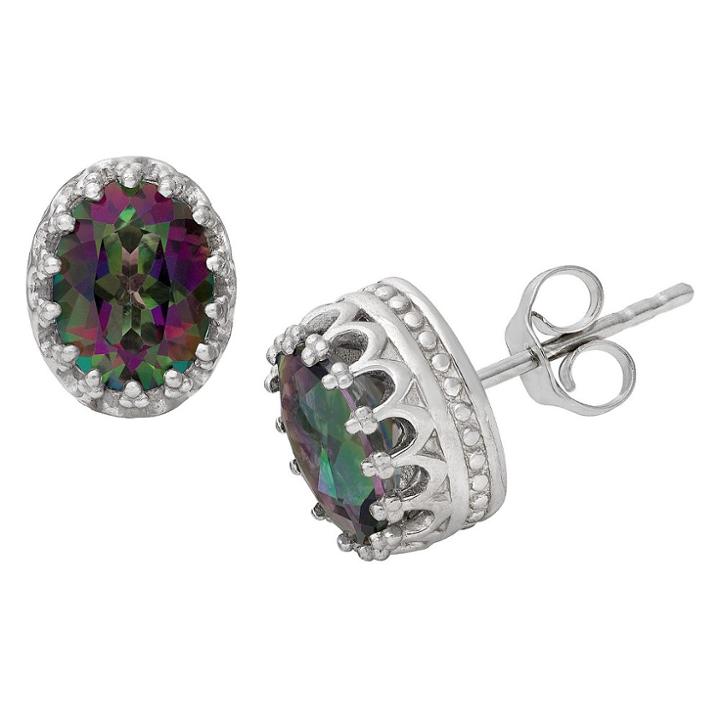 2 3/7 Tcw Tiara Sterling Silver Oval-cut Rainbow Topaz Crown Earrings, Girl's, Rainbow Quartz