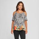 Women's Floral Print Short Sleeve Cold Shoulder Blouse - Lux Ii - Black/white