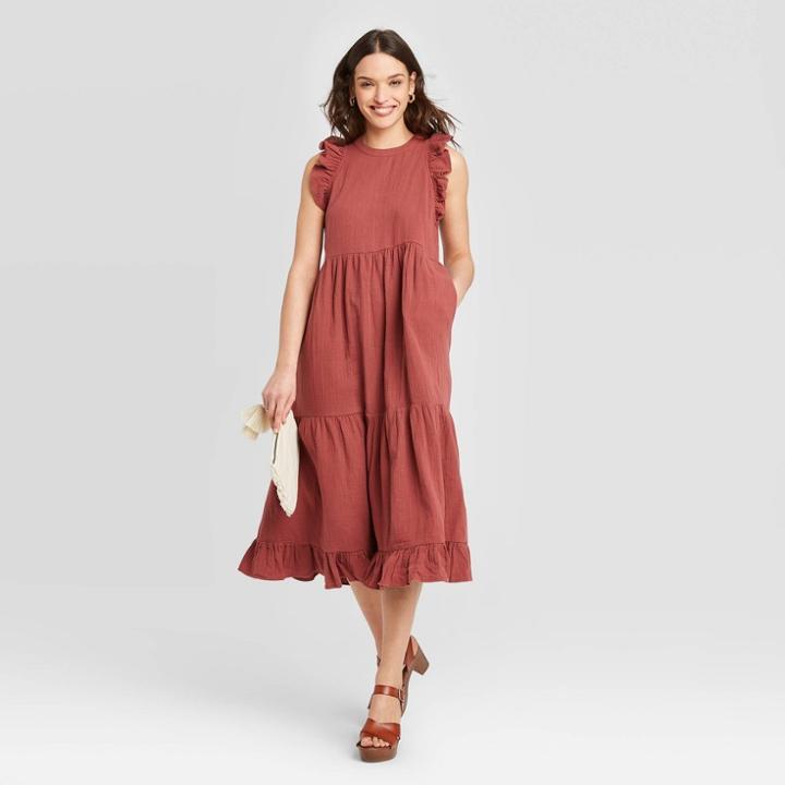 Women's Sleeveless Crewneck Tiered Ruffle Midi Dress - Universal Thread Burgundy