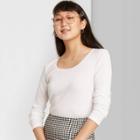 Women's Long Sleeve Round Neck Lace Trim T-shirt - Wild Fable White