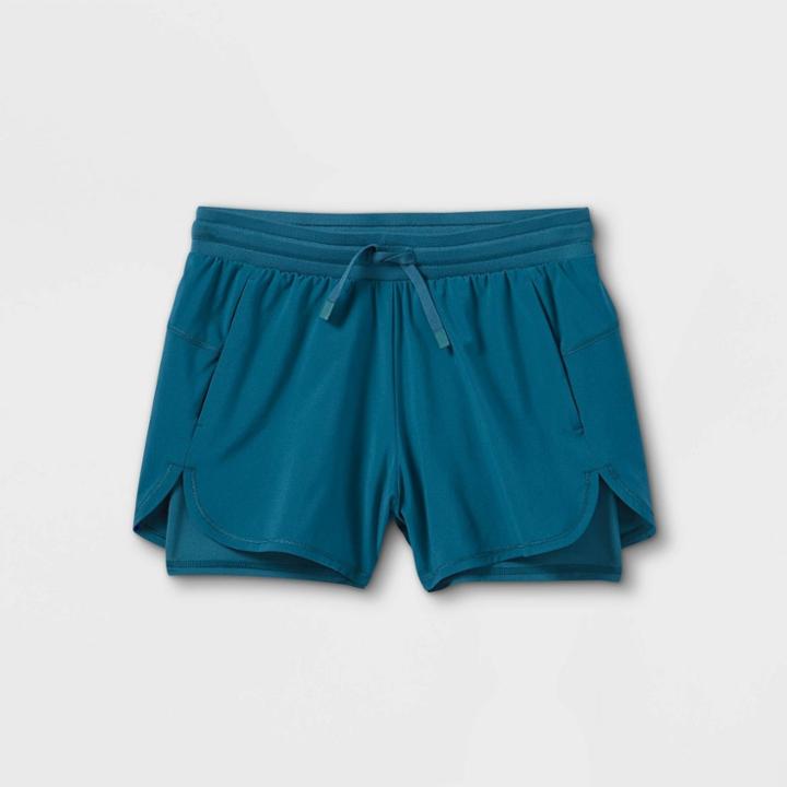 Girls' Double Layered Run Shorts 3 - All In Motion Teal Green
