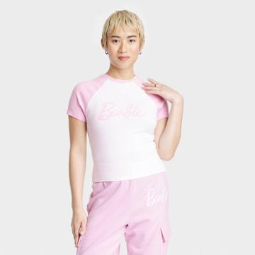 Women's Barbie Short Sleeve Graphic Baby T-shirt - White Color Block
