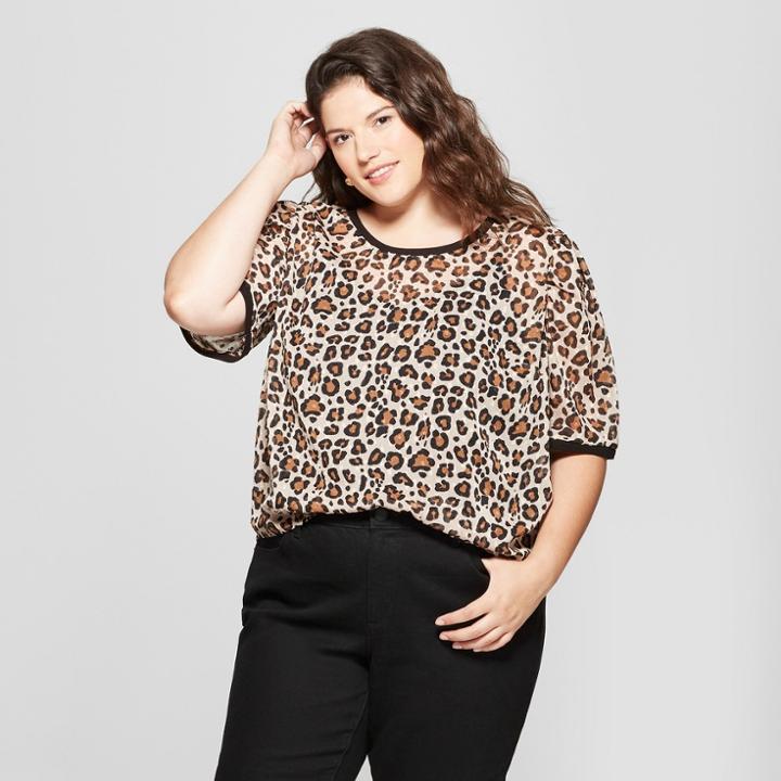 Women's Plus Size Animal Print Short Sleeve Woven T-shirt- A New Day Beige
