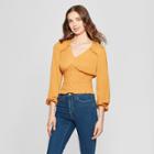 Women's Long Sleeve Smocked Button Front Blouse - 3hearts (juniors') Mustard