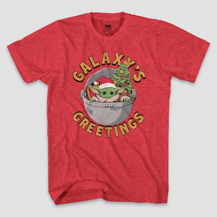 Men's Star Wars The Child Galaxy's Greetings Short Sleeve Graphic T-shirt - Heather Red