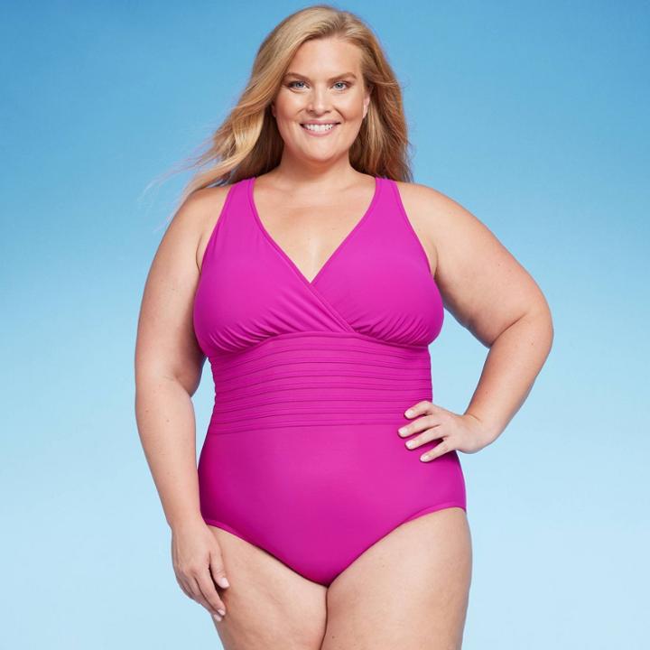 Women's Upf 50 Waist Detail Over The Shoulder One Piece Swimsuit - Aqua Green Pink