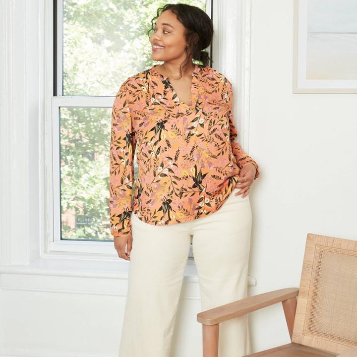 Women's Plus Size Floral Print Long Sleeve Essential Popover Blouse - Ava & Viv Ginger X, Red