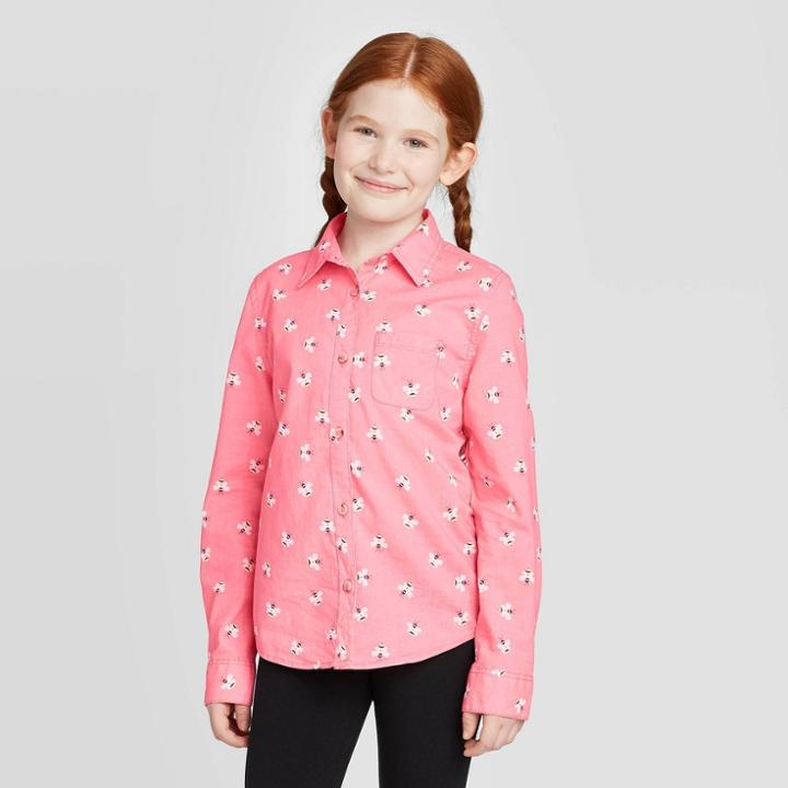 Girls' Bee Print Long Sleeve Button-down Shirt - Cat & Jack Medium Pink