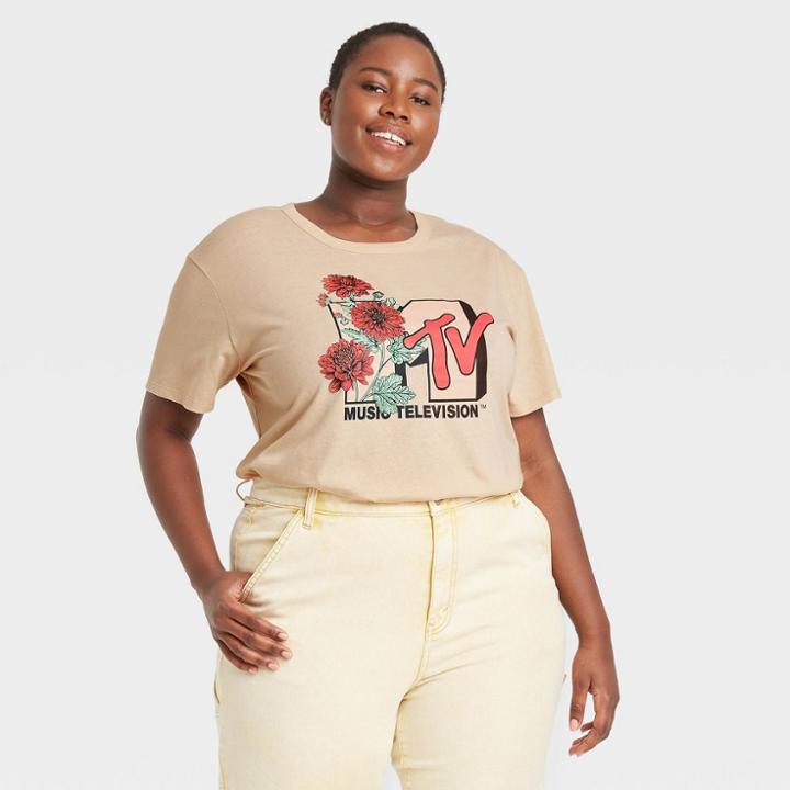 Women's Mtv Plus Size Floral Print Logo Short Sleeve Graphic T-shirt - Taupe