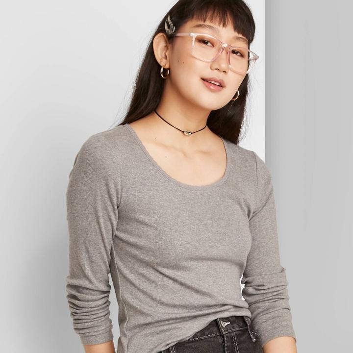 Women's Long Sleeve Round Neck Lace Trim T-shirt - Wild Fable Heather Gray