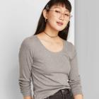Women's Long Sleeve Round Neck Lace Trim T-shirt - Wild Fable Heather Gray