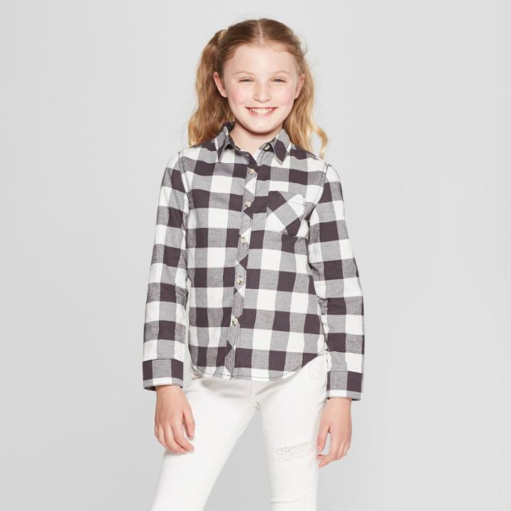 Plus Size Girls' Woven Long Sleeve Button-down Shirt - Cat & Jack Charcoal