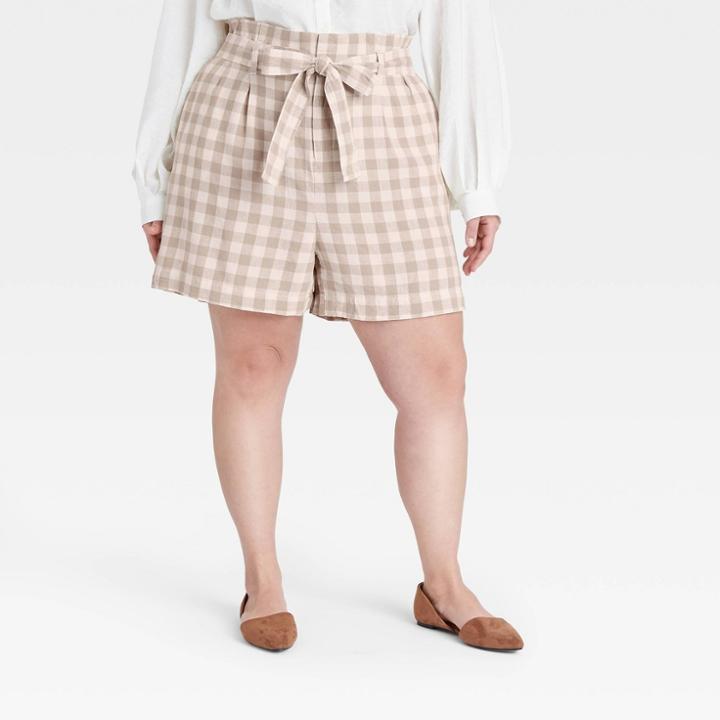 Women's Plus Size Gingham Check High-rise Paperbag Shorts - A New Day