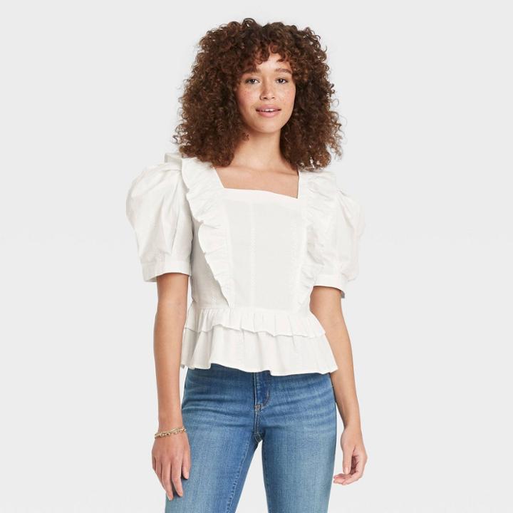 Women's Puff Short Sleeve Ruffle Peplum Blouse - Universal Thread White