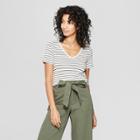 Women's Striped Fitted Short Sleeve V-neck T-shirt - A New Day Black/white