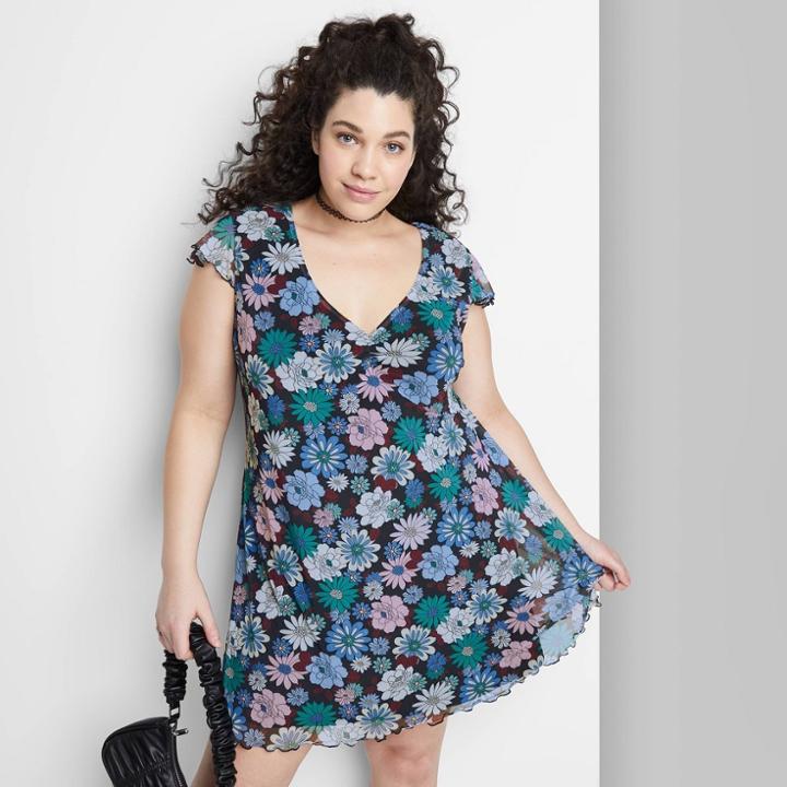 Women's Plus Size Short Sleeve Skater Dress - Wild Fable Blue Floral