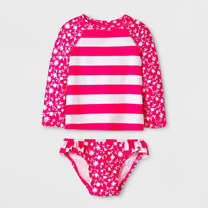 Baby Girls' Long Sleeve Floral Stripe Rash Guard Set - Cat & Jack Pink