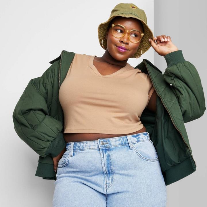 Women's Short Sleeve V-neck Cropped T-shirt - Wild Fable Camel