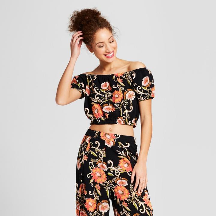Women's Floral Print Short Sleeve Crop Top - Xhilaration Black/terracotta