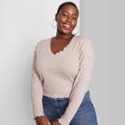 Women's Plus Size Long Sleeve V-neck Lettuce Edge Fitted T-shirt - Wild Fable Heathered