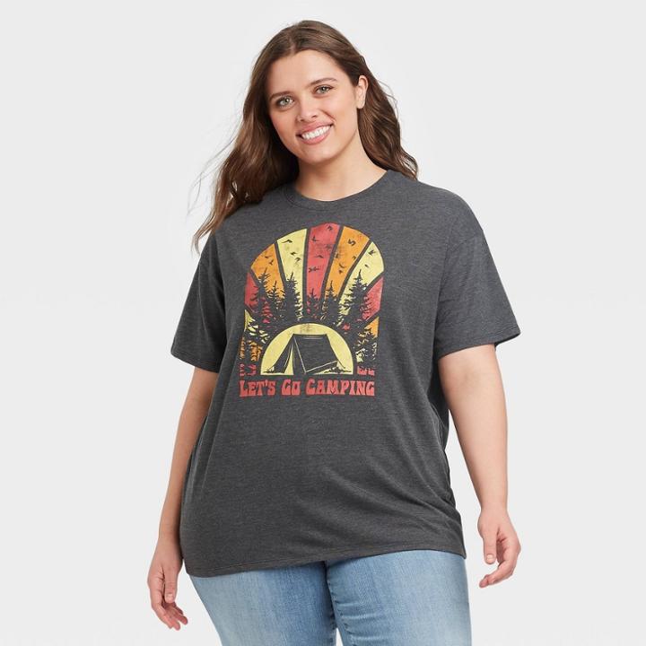 Fifth Sun Women's Plus Size Let's Go Camping Short Sleeve Graphic T-shirt - Charcoal Gray