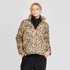 Women's Leopard Print Puff Long Sleeve Flat Collar Jacket - Who What Wear Brown