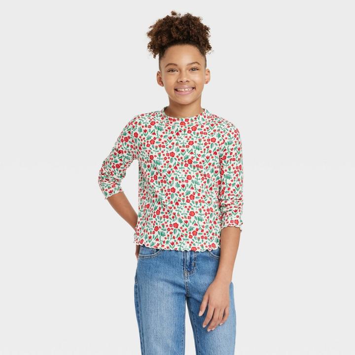 Girls' Long Sleeve Rib T-shirt - Cat & Jack Cream Floral Xs, Ivory Floral