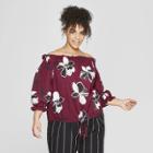 Women's Plus Size Floral Print 3/4 Sleeve Off The Shoulder Bardot Top - Who What Wear Red