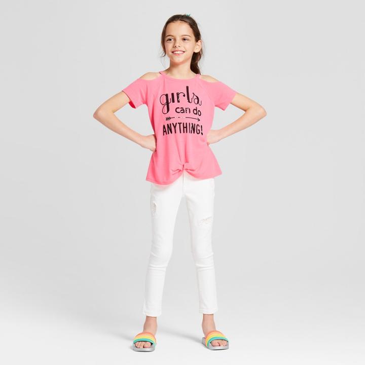 Miss Chievous Girls' Cold Shoulder 'girls' Can Do Anything' Graphic Short Sleeve T-shirt - Pink