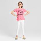 Miss Chievous Girls' Cold Shoulder 'girls' Can Do Anything' Graphic Short Sleeve T-shirt - Pink