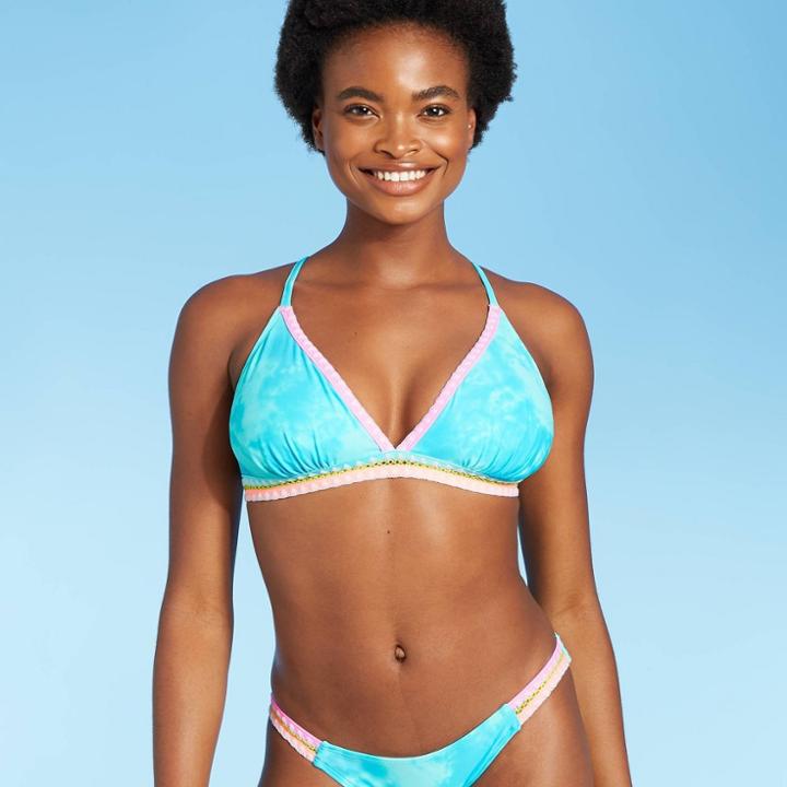 Juniors' Crochet Trim Triangle Bikini Top - Xhilaration Pool Blue Tie-dye D/dd Cup
