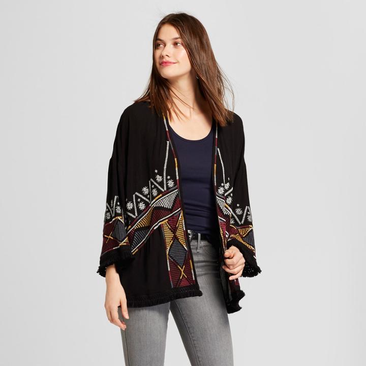 Women's Embroidered Fringe Kimono Jacket - Knox Rose Black
