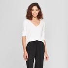 Women's Slim Fit Long Sleeve Vintage V-neck T-shirt - A New Day White