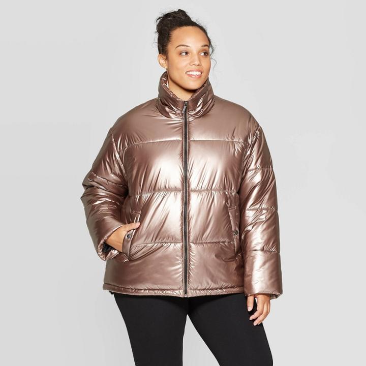 Women's Plus Size Metallic Puffer Jacket - Ava & Viv Rose X, Women's, Brown