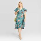 Women's Plus Size Floral Print Short Sleeve Deep V-neck Wrap Dress - A New Day Blue 1x, Women's,