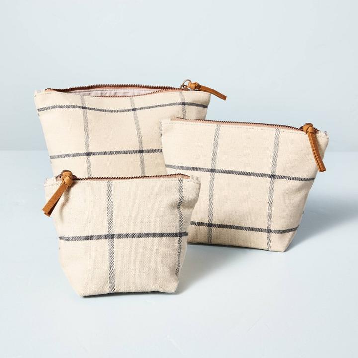 Hearth & Hand With Magnolia 3pc Grid Pattern Canvas Zip-pouch Set Cream/blue - Hearth & Hand With