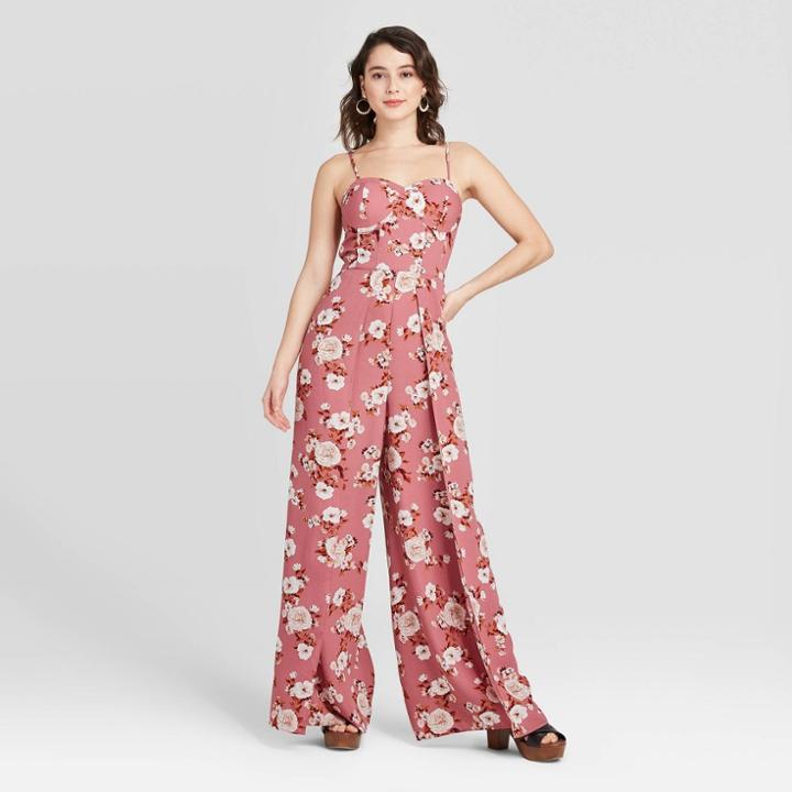 Women's Floral Print Sleeveless Deep V-neck Bra Cup Jumpsuit - Xhilaration Rose Xs, Women's, Pink