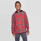 Boys' Long Sleeve Plaid Hooded Button-down Shirt - Art Class Red Xl, Boy's, Red Black
