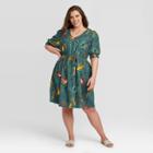 Women's Plus Size Floral Print Elbow Sleeve Linen Dress - Ava & Viv Green X, Women's