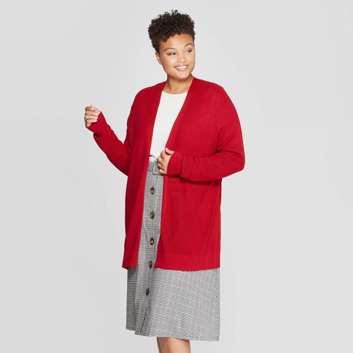 Women's Plus Size Long Sleeve Ribbed Cuff Light Weight Cardigan - Ava & Viv Red