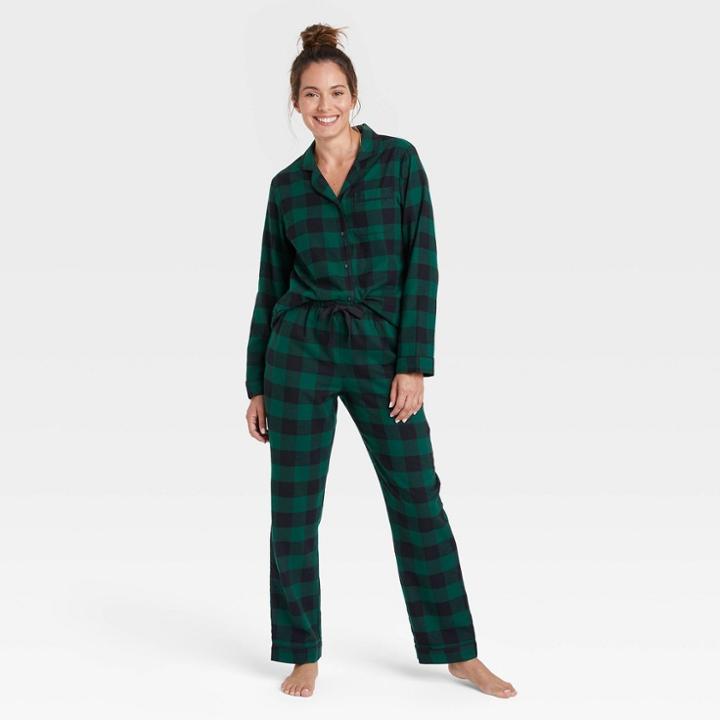 Women's Perfectly Cozy Plaid Flannel Pajama Set - Stars Above Green