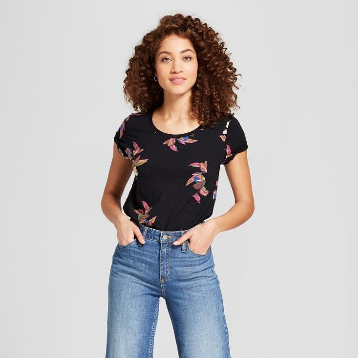 Women's Floral Print Sleeveless Vintage Crew T-shirt - A New Day Black