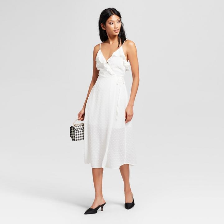 Women's Ruffle Neckline Midi Dress - Needlework White