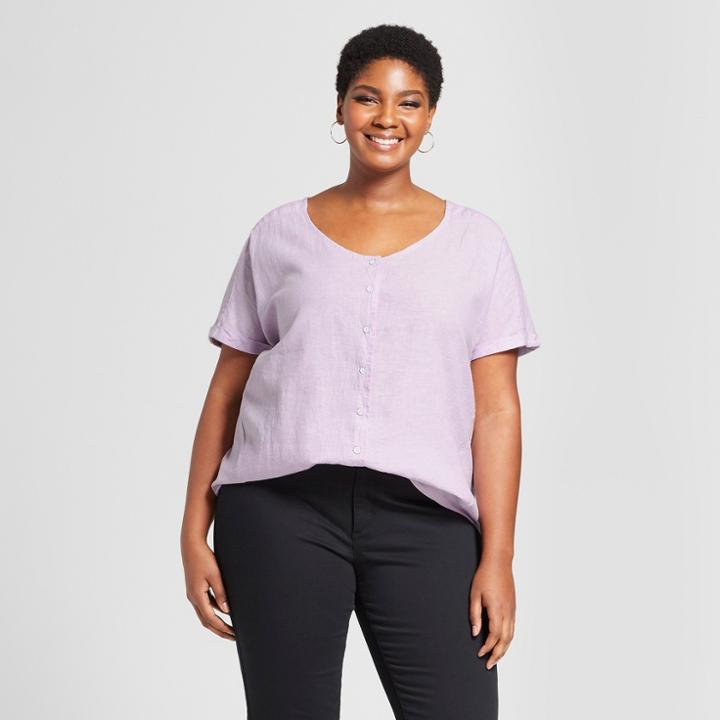 Women's Plus Size Tie Front Woven Short Sleeve Top - Ava & Viv Lavender X, Purple