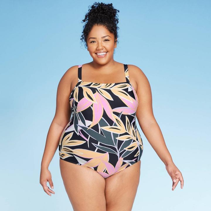 Women's Plus Size Straight Neck Palms One Piece Swimsuit - Kona Sol Floral 14w, Women's,