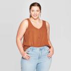 Women's Plus Size Round Neck Button-front Knit To Woven Tank Top - Universal Thread Brown
