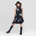 Women's Floral Print Sleeveless High Neck Ruffle Bottom Shift Mini Dress - Xhilaration Black