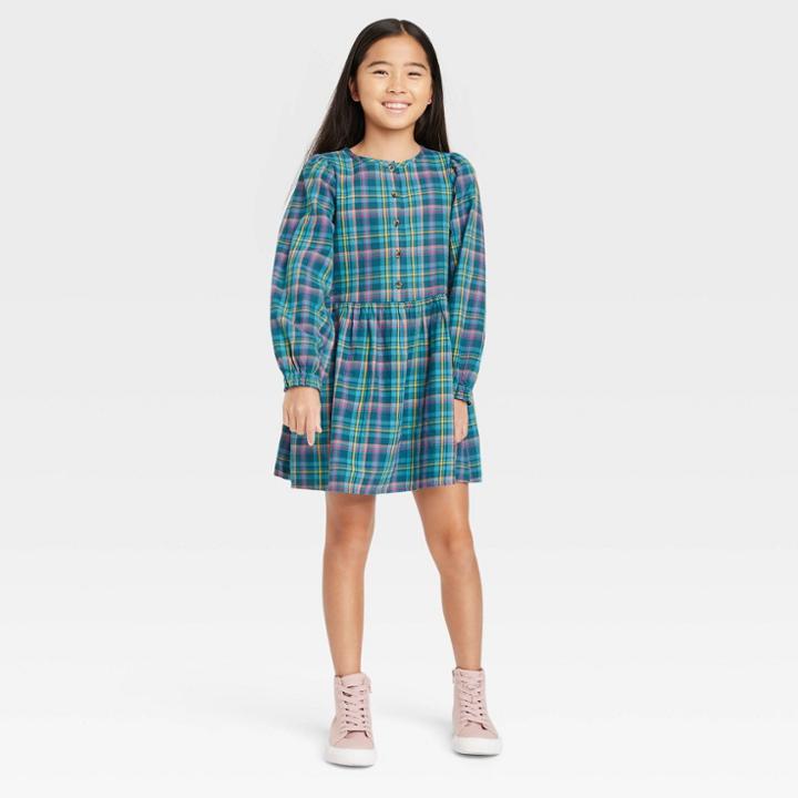 Girls' Long Sleeve Plaid Dress - Cat & Jack Aqua Blue